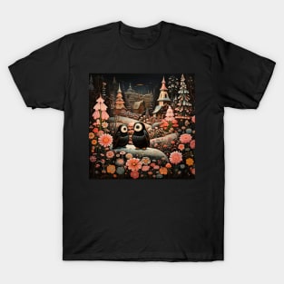 Surrealistic Folk Art Dark Floral Motif Penguin Design T-Shirt